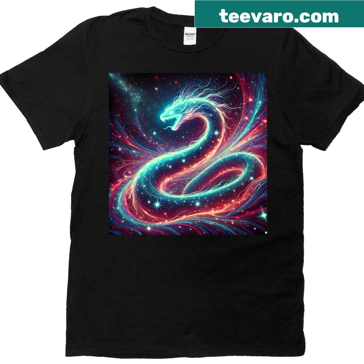 A snake illuminated by a starry night sky graphic — on a men's t-shirt