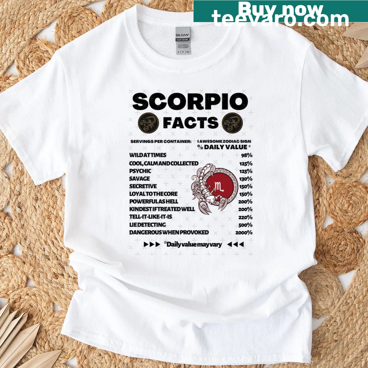 Scorpio zodiac sign graphic with engaging typography — on a men's t-shirt