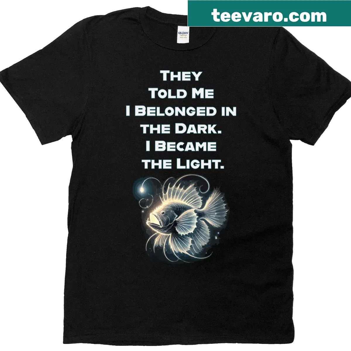 T-shirt with Anglerfish graphic and inspirational quote about light and darkness — on a men's t-shirt