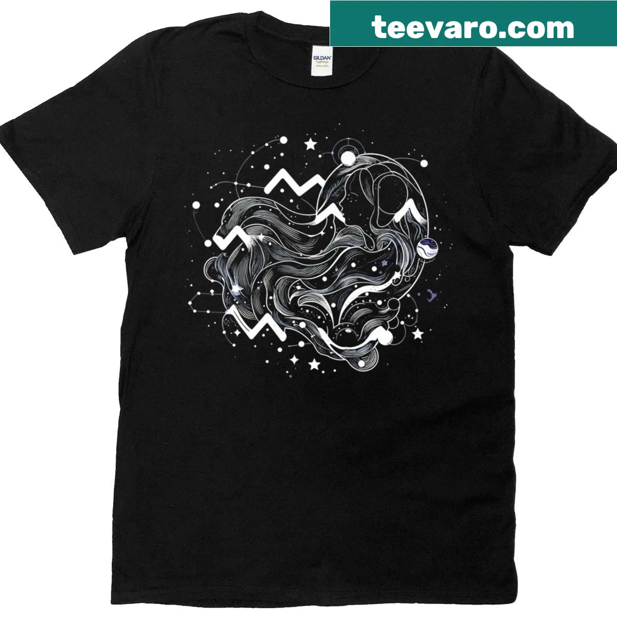Zodiac sign T-shirt displaying the Aquarius symbol and stars — on a men's t-shirt
