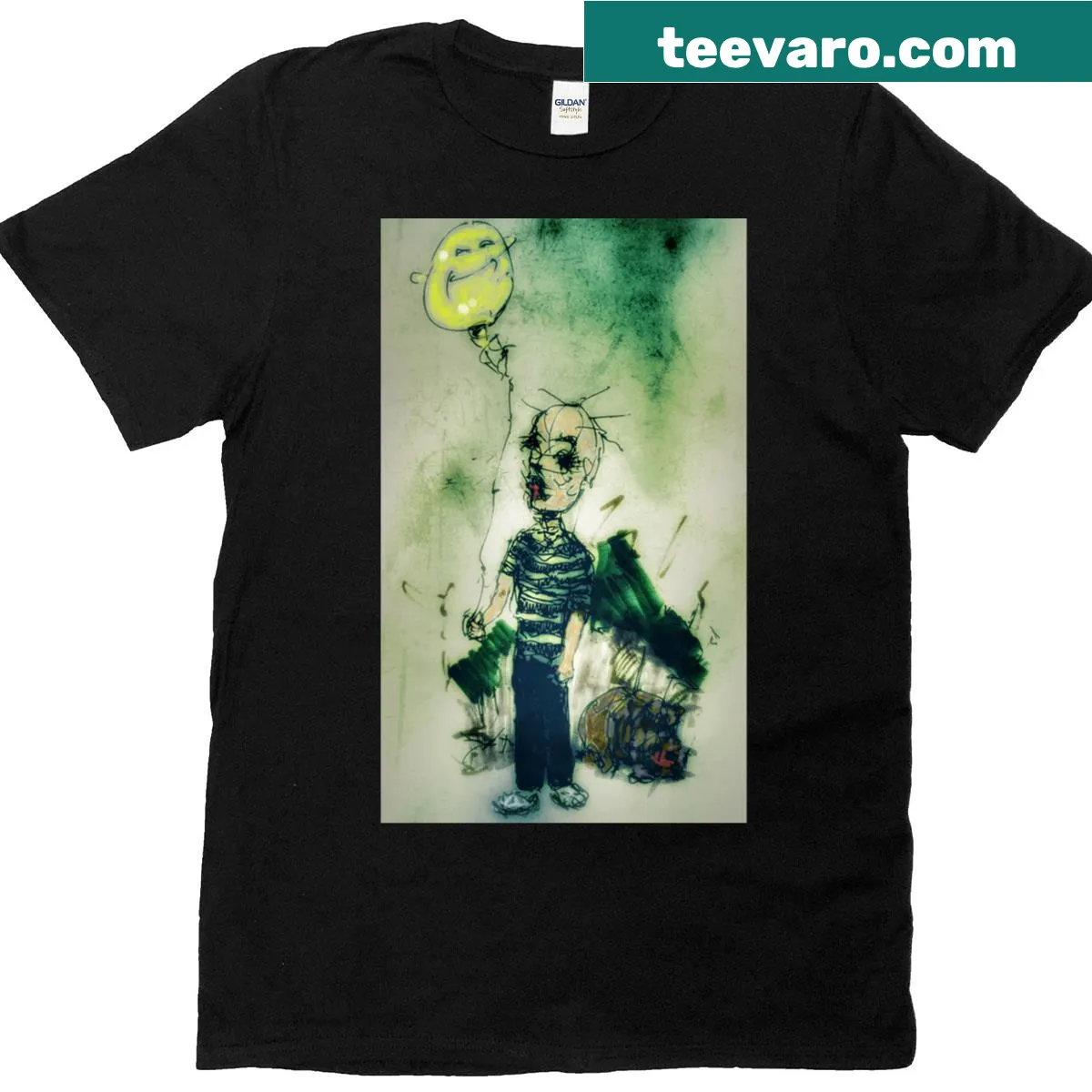 Cute T-shirt with a boy, balloon, and dog illustration for kids. — on a men's t-shirt