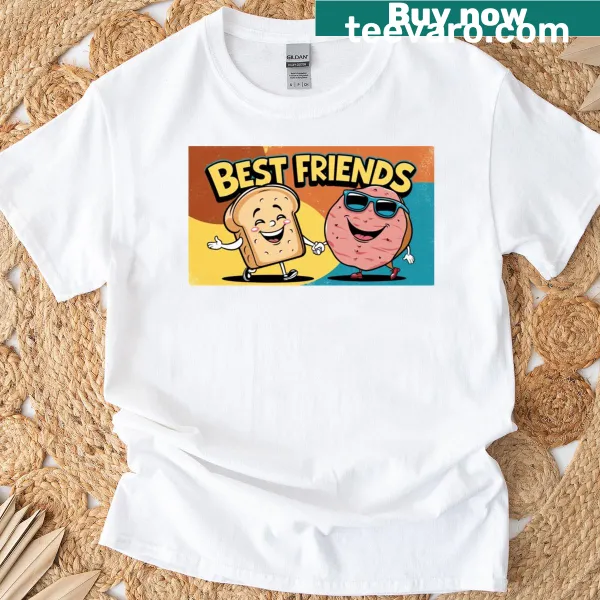 Cartoon T-shirt featuring bread and ham as best friends.