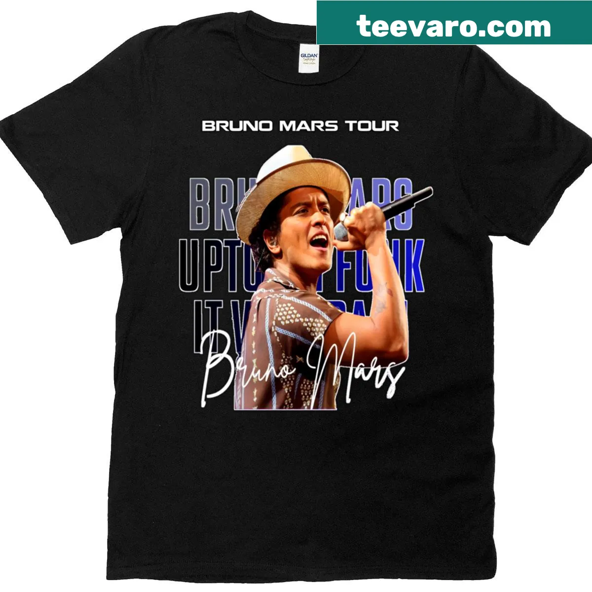 Bruno Mars T-shirt featuring a playful graphic of the musician — on a men's t-shirt