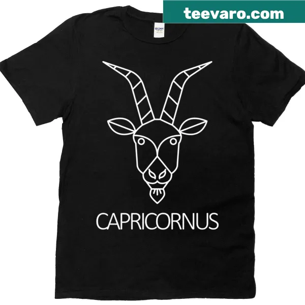 White t-shirt with a detailed graphic of the Capricorn zodiac goat symbol