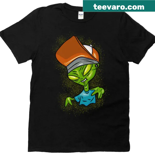 Cartoon alien wearing a cap on a fun graphic t-shirt