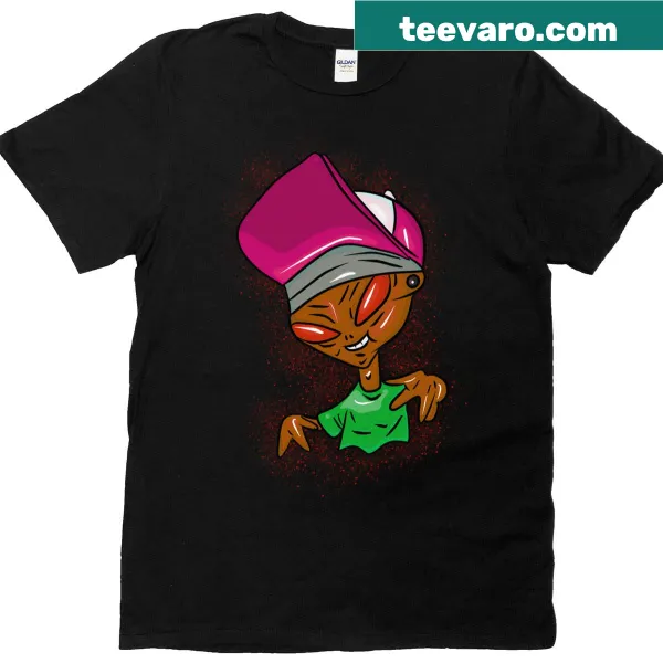 Whimsical alien in a purple cap illustrated on a tee