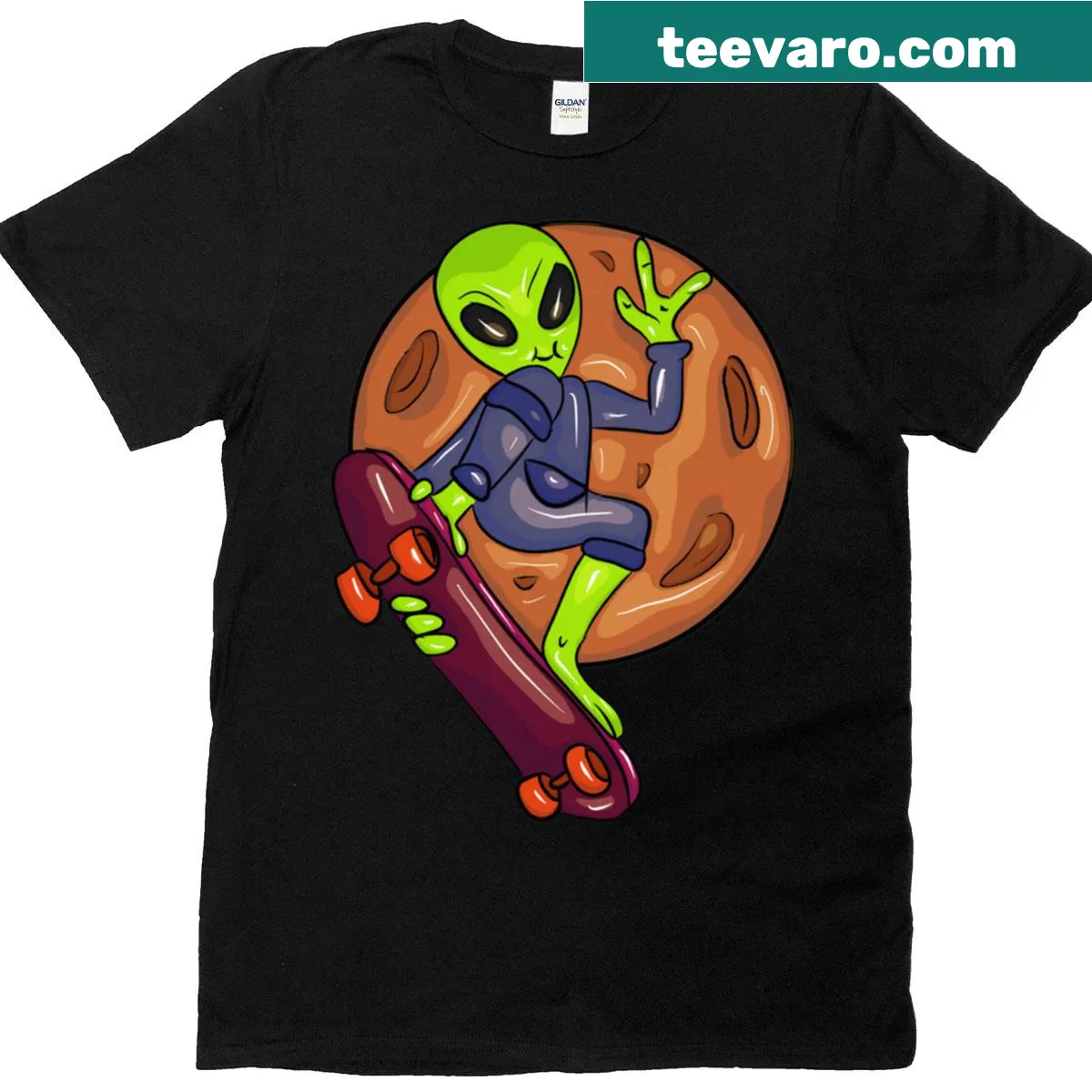 Alien skating on a skateboard graphic t-shirt — on a men's t-shirt