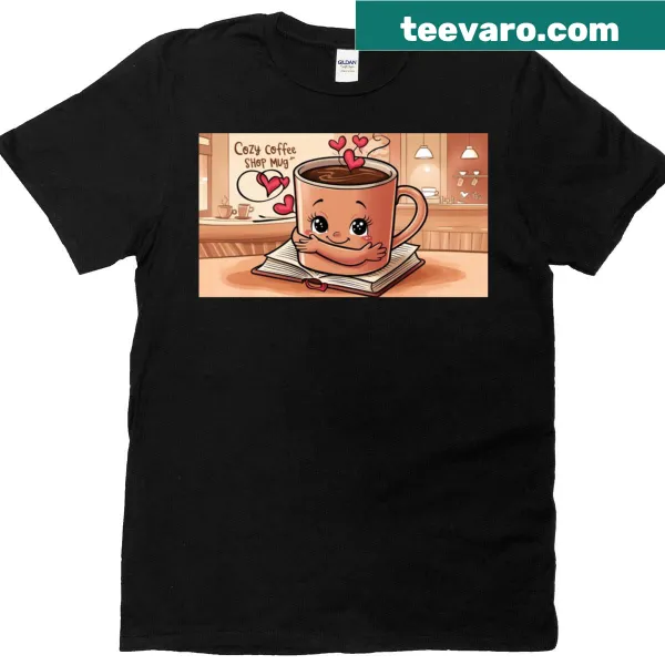 T-shirt featuring an illustration of a coffee cup and book