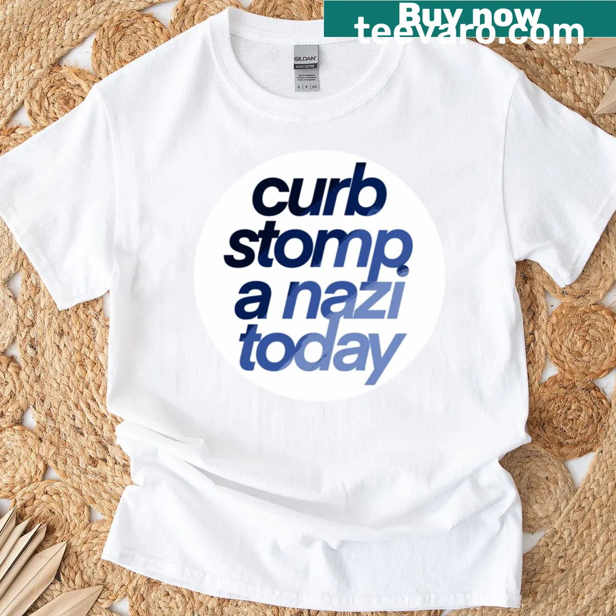 Bold antifascist graphic tee with the message Curb Stomp A Naz! — on a men's t-shirt