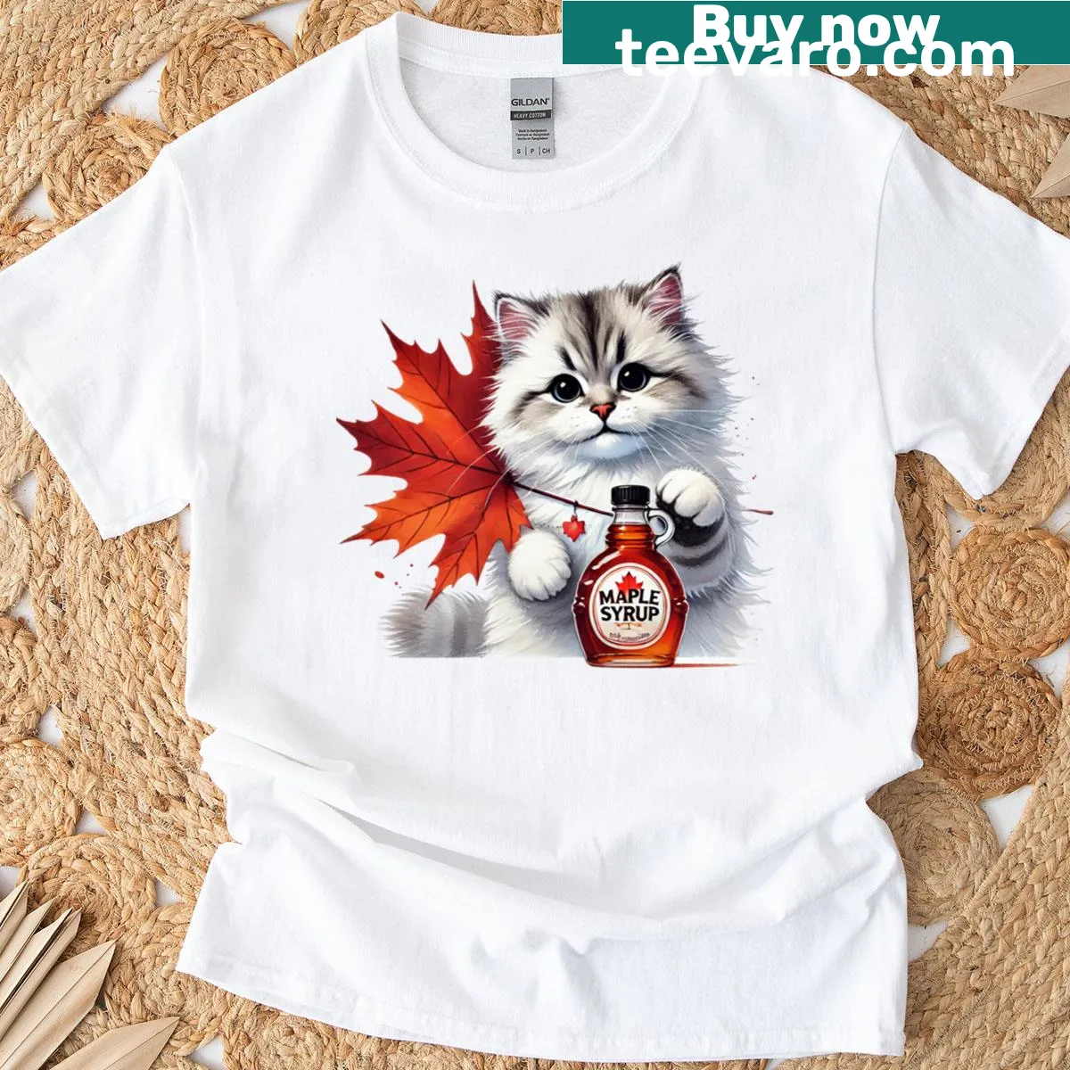 T-shirt featuring a cute Siberian cat with maple syrup and leaves — on a men's t-shirt