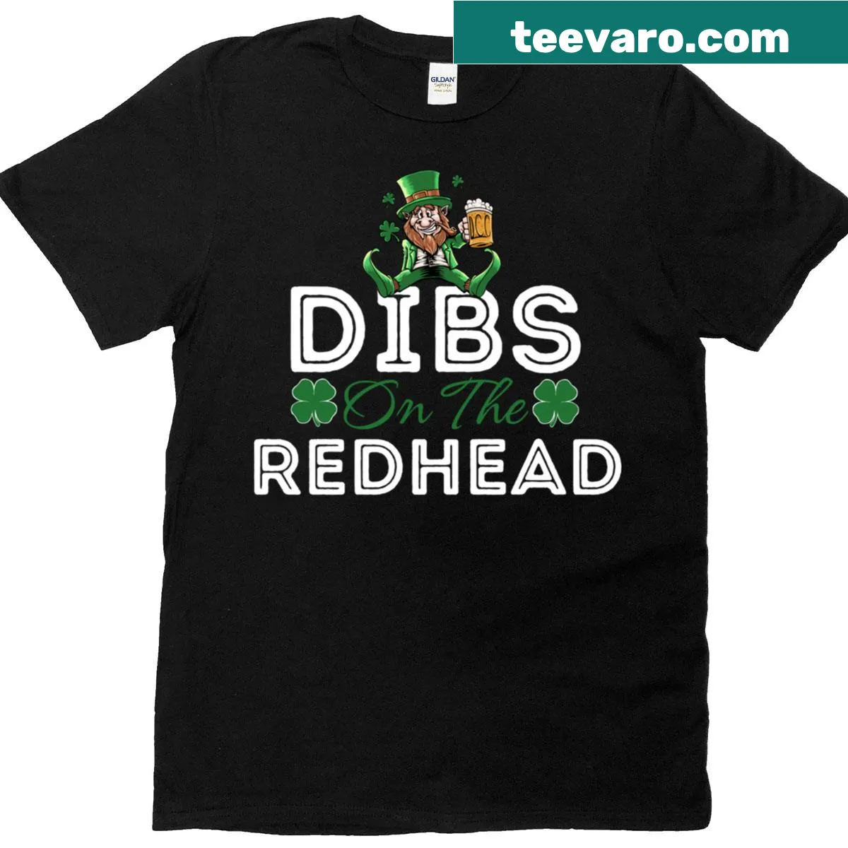 Funny St. Patrick's Day shirt with 'Dibs On The Redhead' and shamrock graphic — on a men's t-shirt