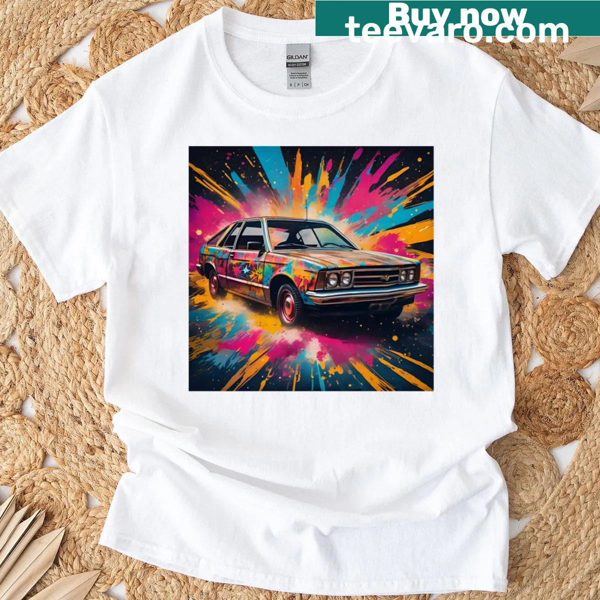 Graffiti-style illustrated car T-shirt with a vintage look — on a men's t-shirt