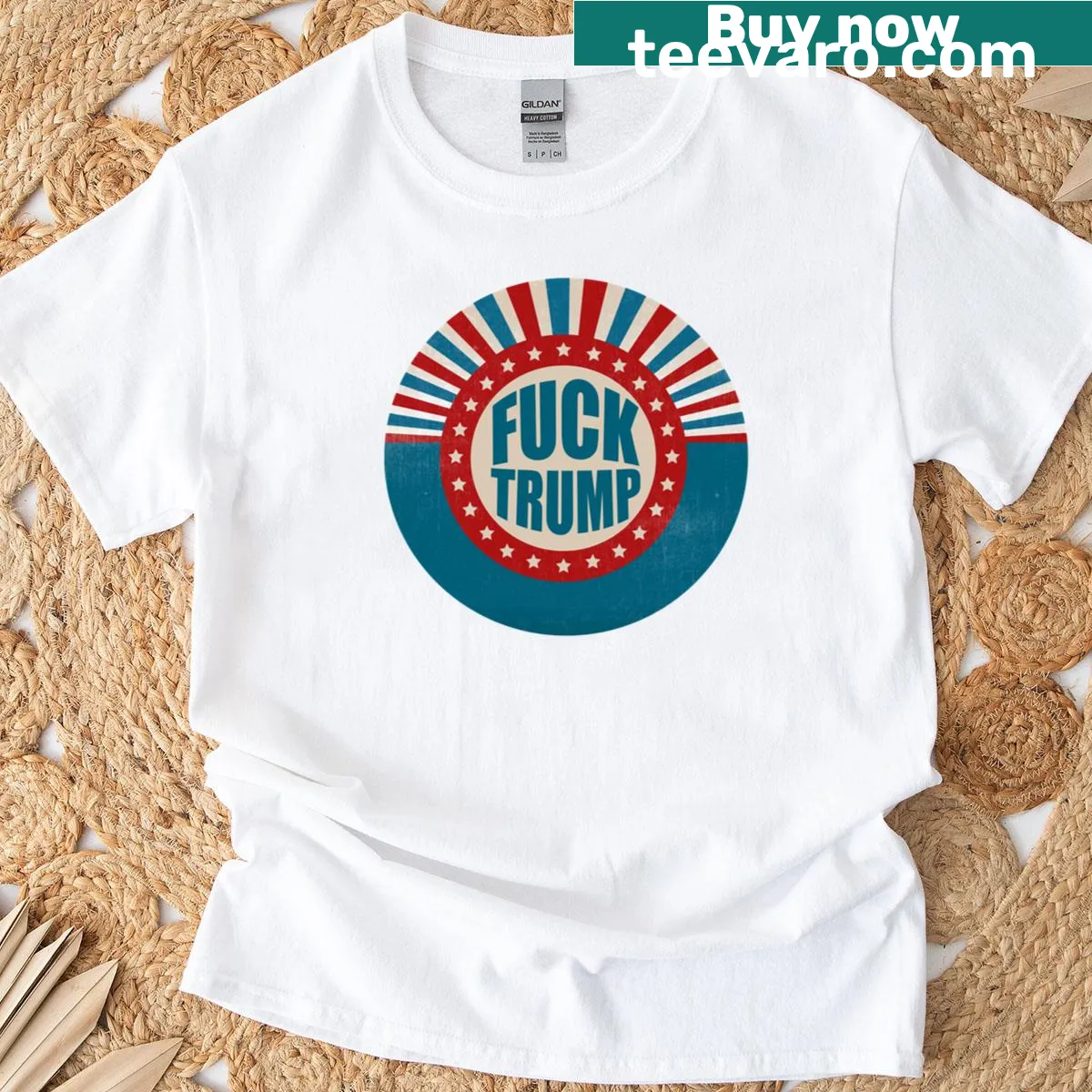 Political dissent T-shirt featuring bold text — on a men's t-shirt