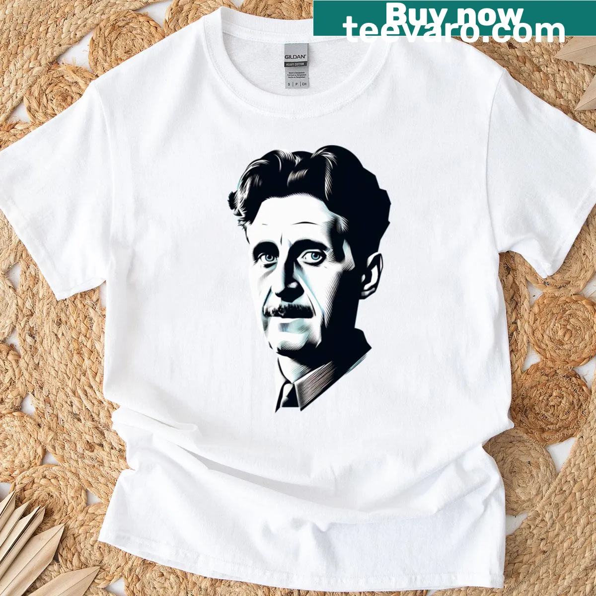 T-shirt featuring a whimsical graphic of George Orwell for literature enthusiasts — on a men's t-shirt