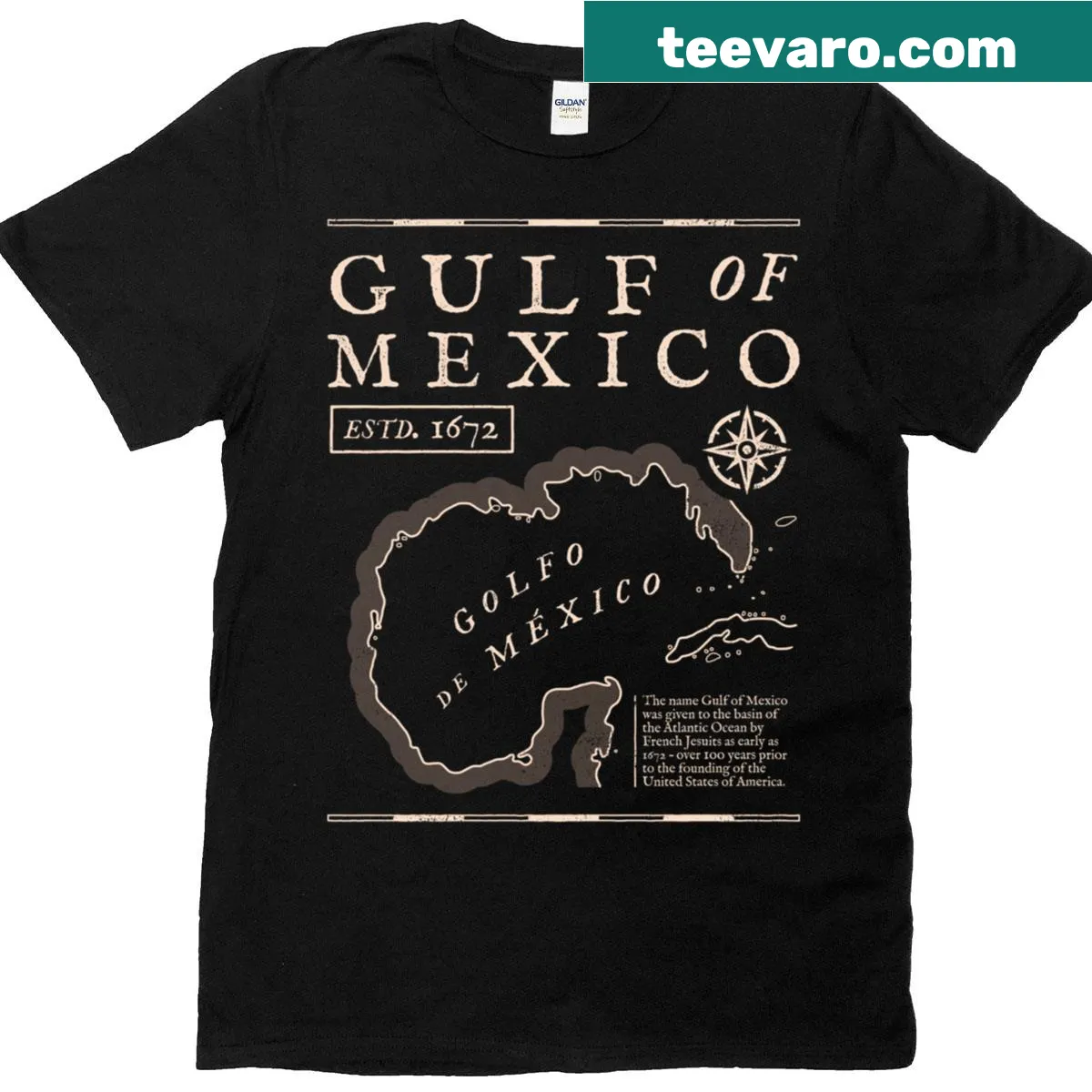 Vintage map of Gulf Of Mexico from 1672 on T-shirt — on a men's t-shirt