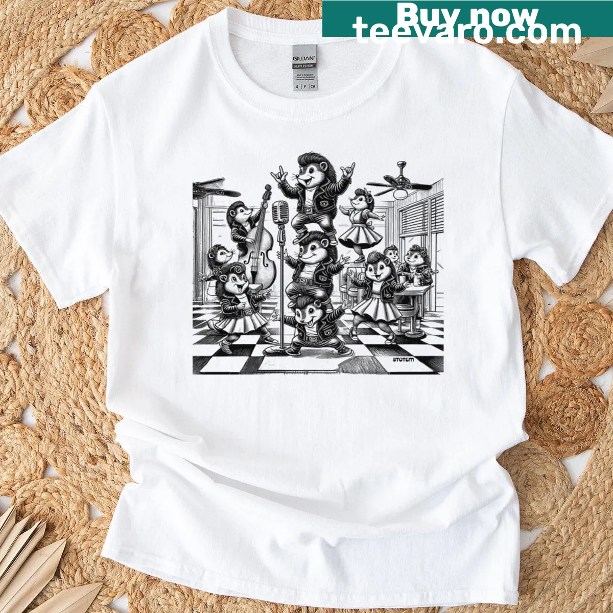 Cartoon hedgehogs dancing in a diner on a playful t-shirt design — on a men's t-shirt