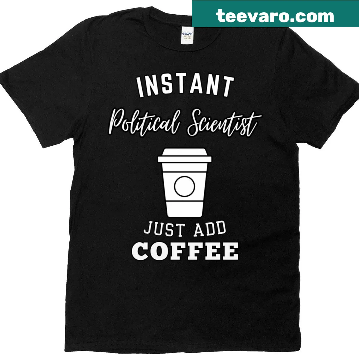 Funny coffee and political scientist T-shirt with witty text — on a men's t-shirt