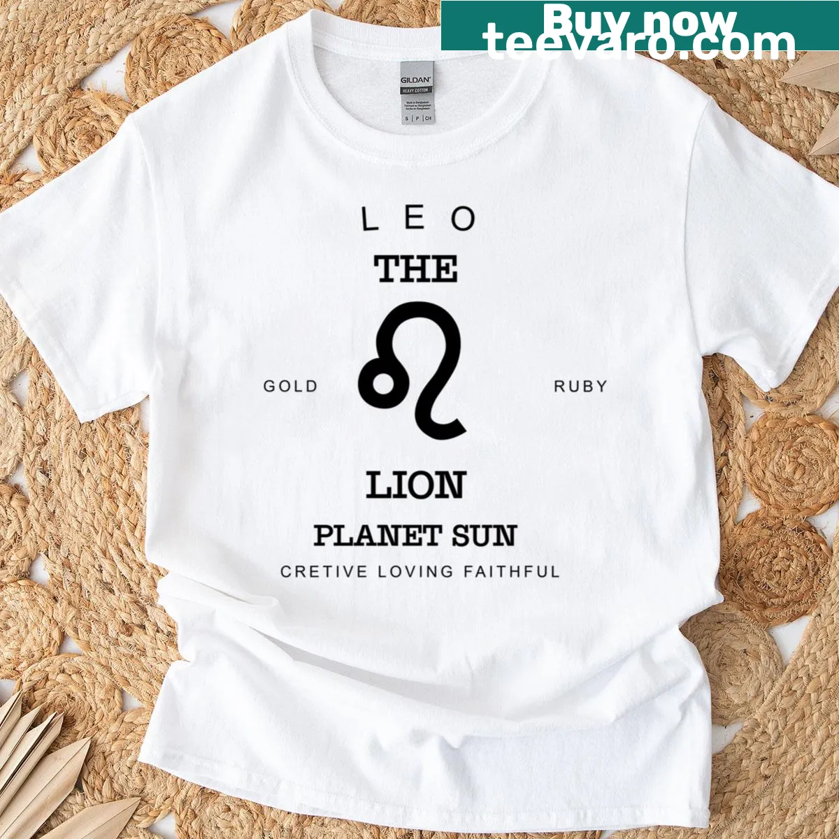 Leo Zodiac T-shirt with typographic elements for July and August birthdays — on a men's t-shirt