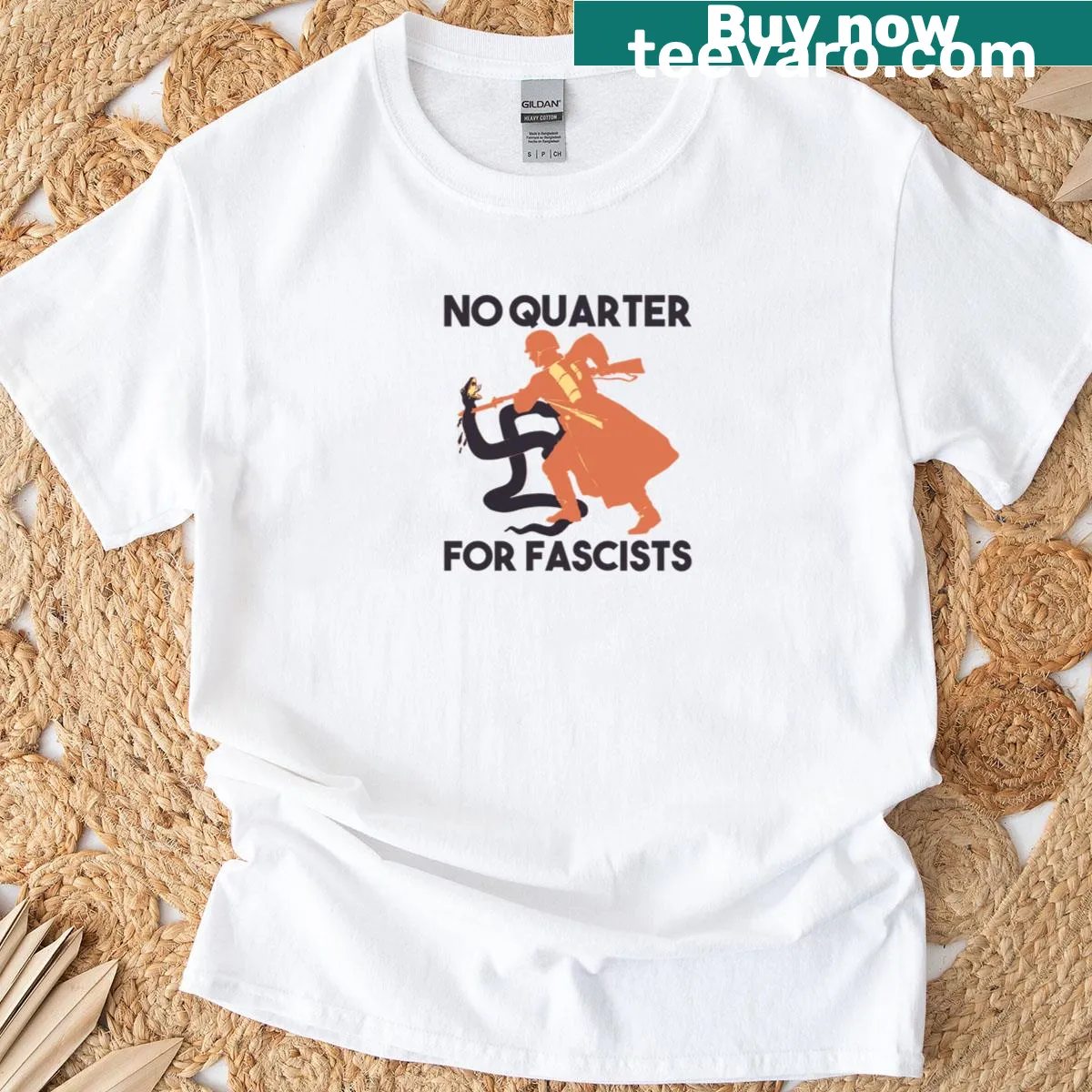 T-shirt with the phrase 'No Quarter For Fascists' — on a men's t-shirt