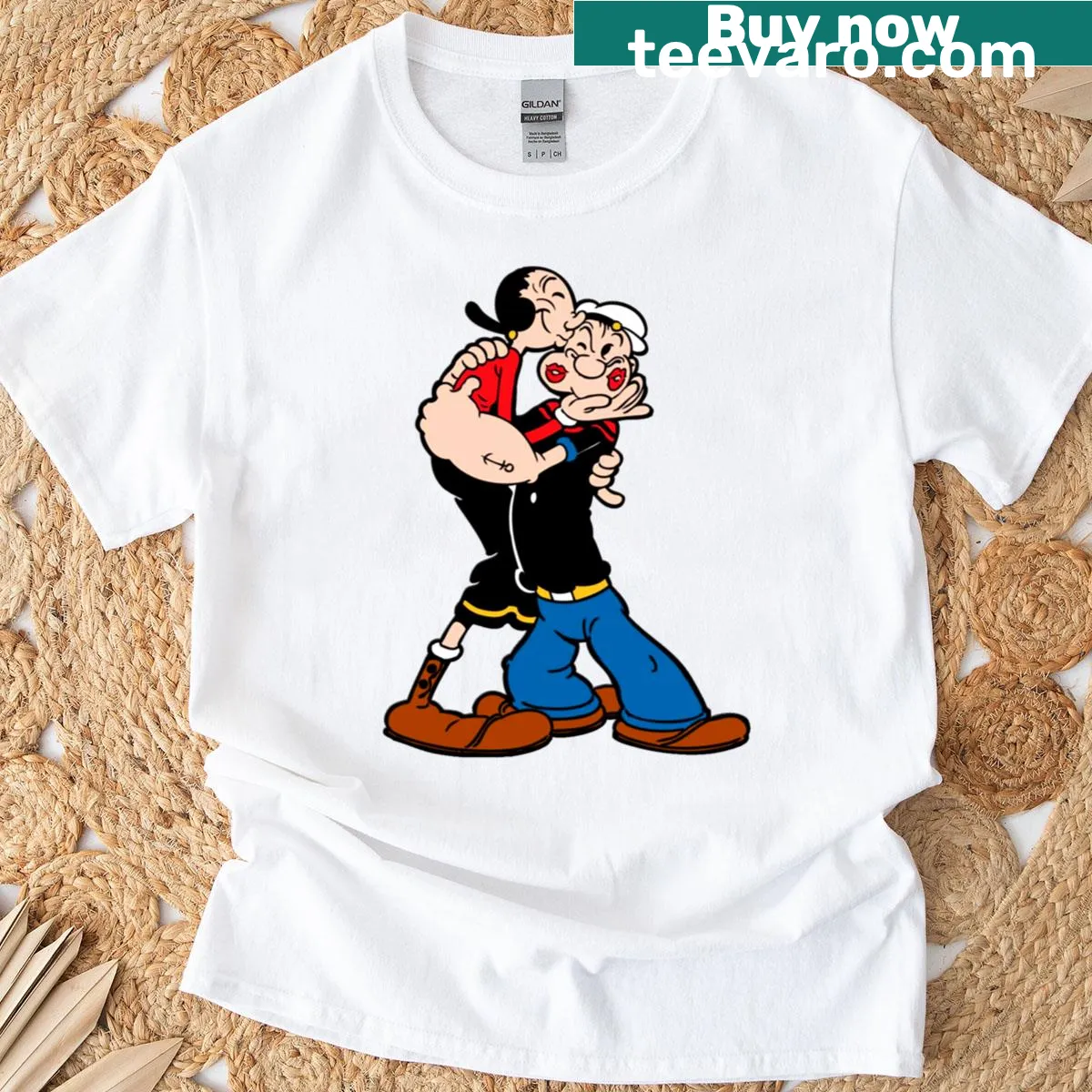 Illustrated shirt featuring Olive Oyl and Popeye in a playful design — on a men's t-shirt