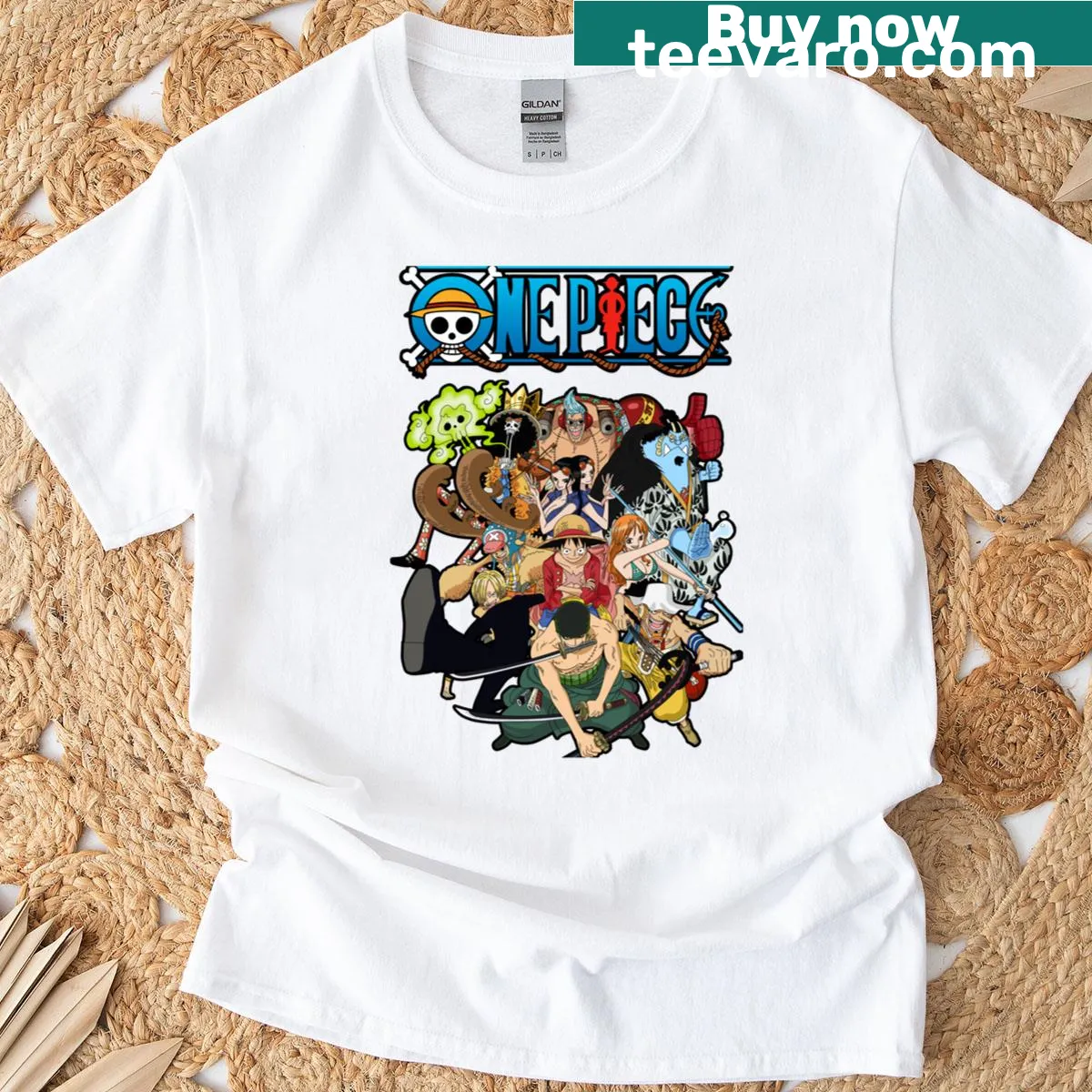 T-shirt featuring designs inspired by the One Piece anime — on a men's t-shirt