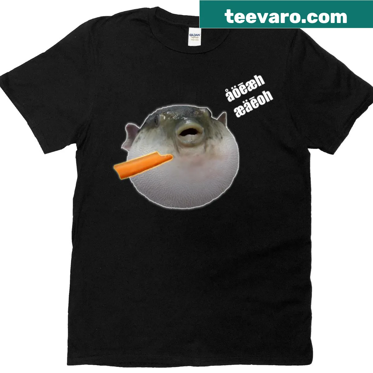 Cartoon puffer fish eating a carrot on a t-shirt — on a men's t-shirt