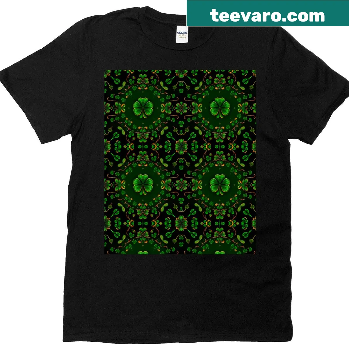 Festive St. Patrick's Day patterned T-shirt with shamrocks — on a men's t-shirt