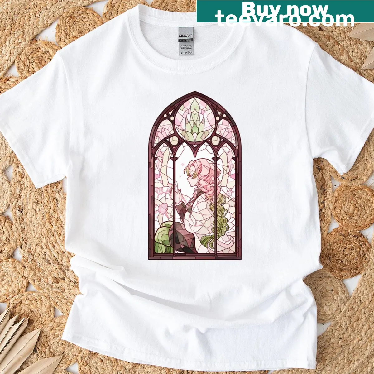 T-shirt featuring a stained glass design with love elements — on a men's t-shirt