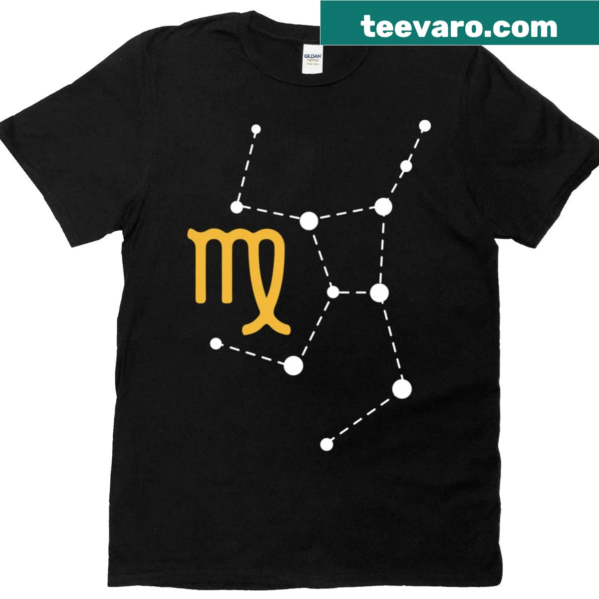 Illustration of the Virgo zodiac sign with constellation on T-shirt — on a men's t-shirt