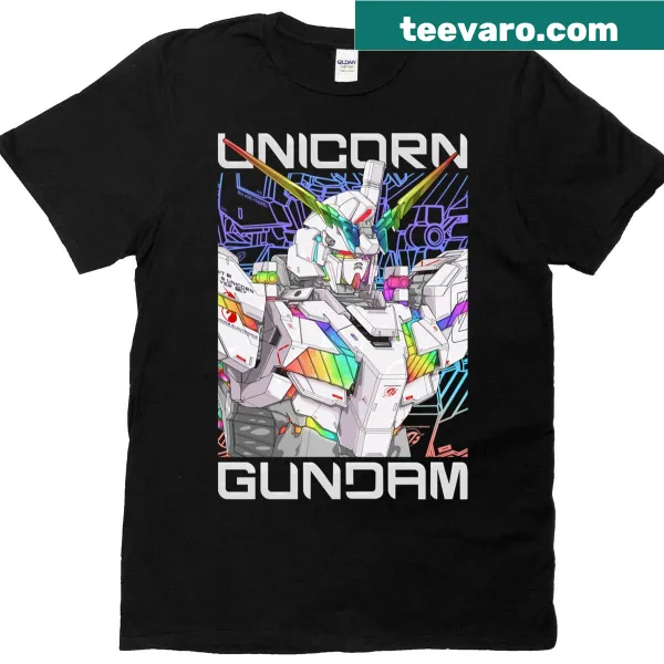 Illustration of a unicorn Gundam on a fantasy-themed T-shirt