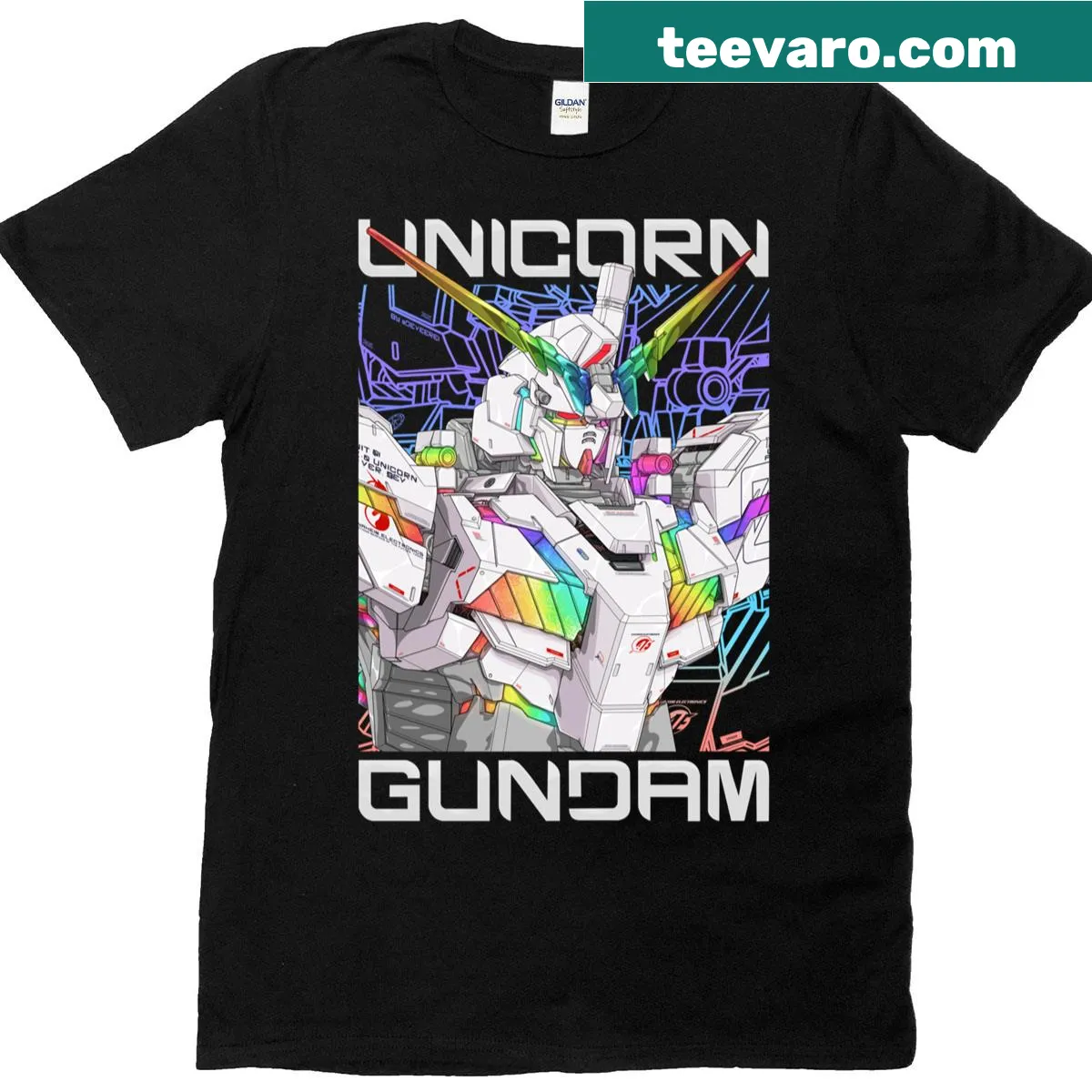 Illustration of a unicorn Gundam on a fantasy-themed T-shirt — on a men's t-shirt
