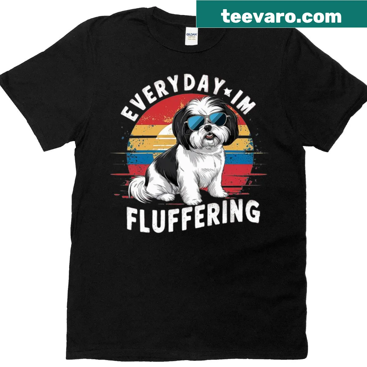 Illustrated Shih Tzu in sunglasses with sunset background — on a men's t-shirt