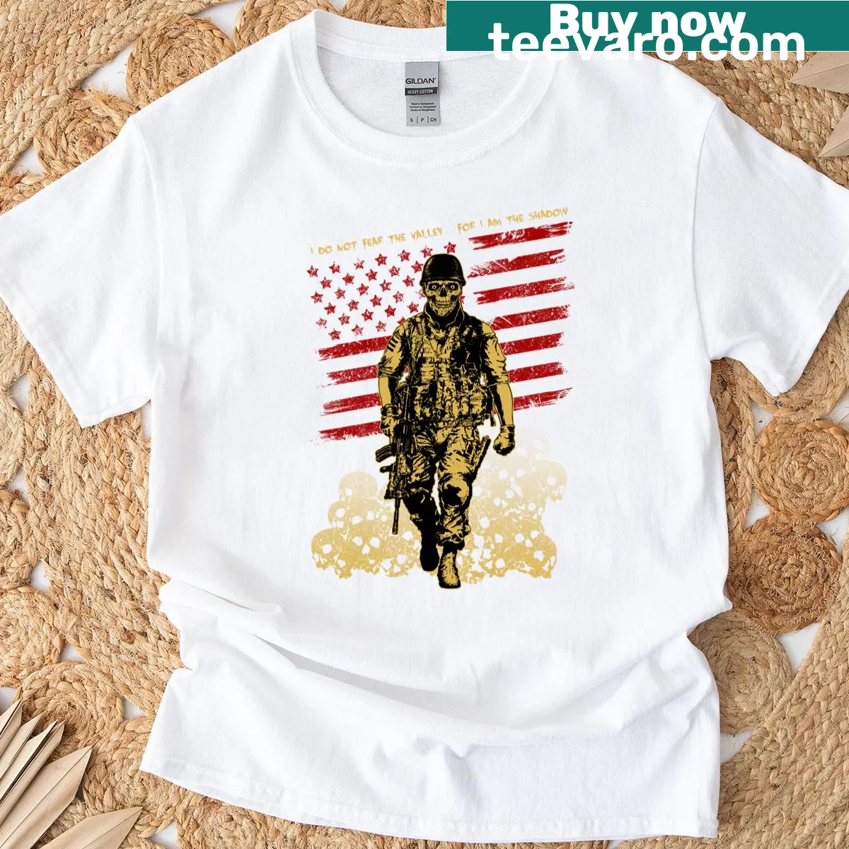 Bold skull soldier graphic on a T-shirt — on a men's t-shirt
