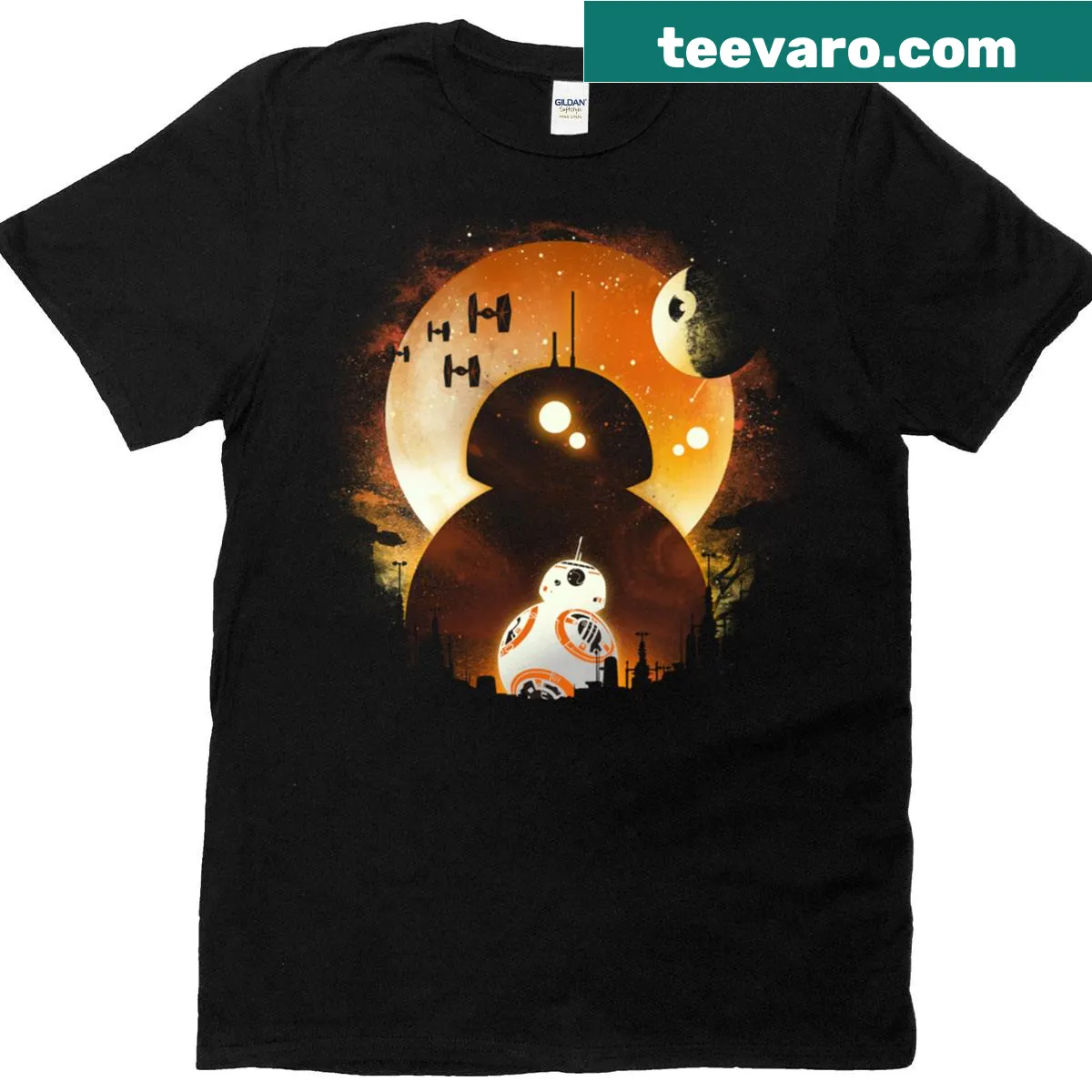 Astromech droid graphic on a night-themed T-shirt — on a men's t-shirt