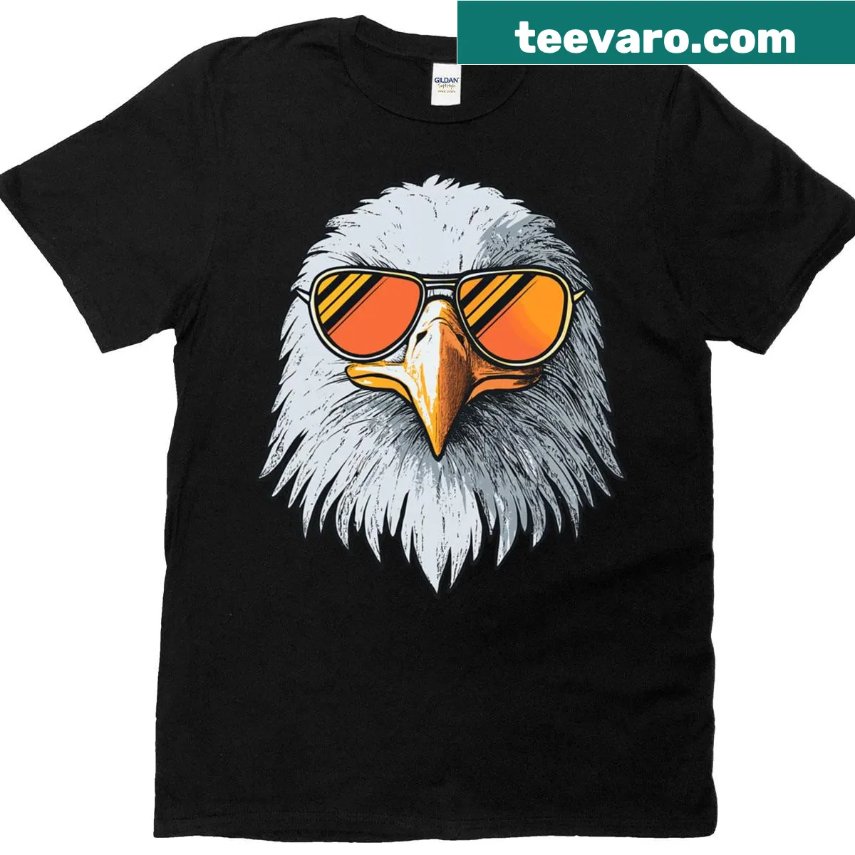 Funny T-shirt featuring a bald eagle wearing sunglasses — on a men's t-shirt