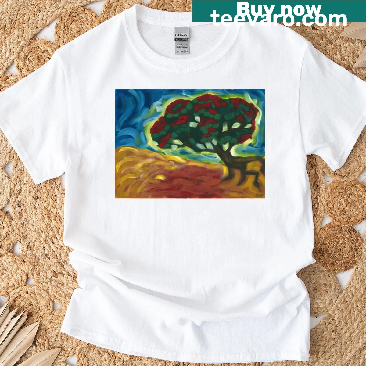 Illustration of a Pohutokawa tree on a Beach Guardian T-shirt — on a men's t-shirt