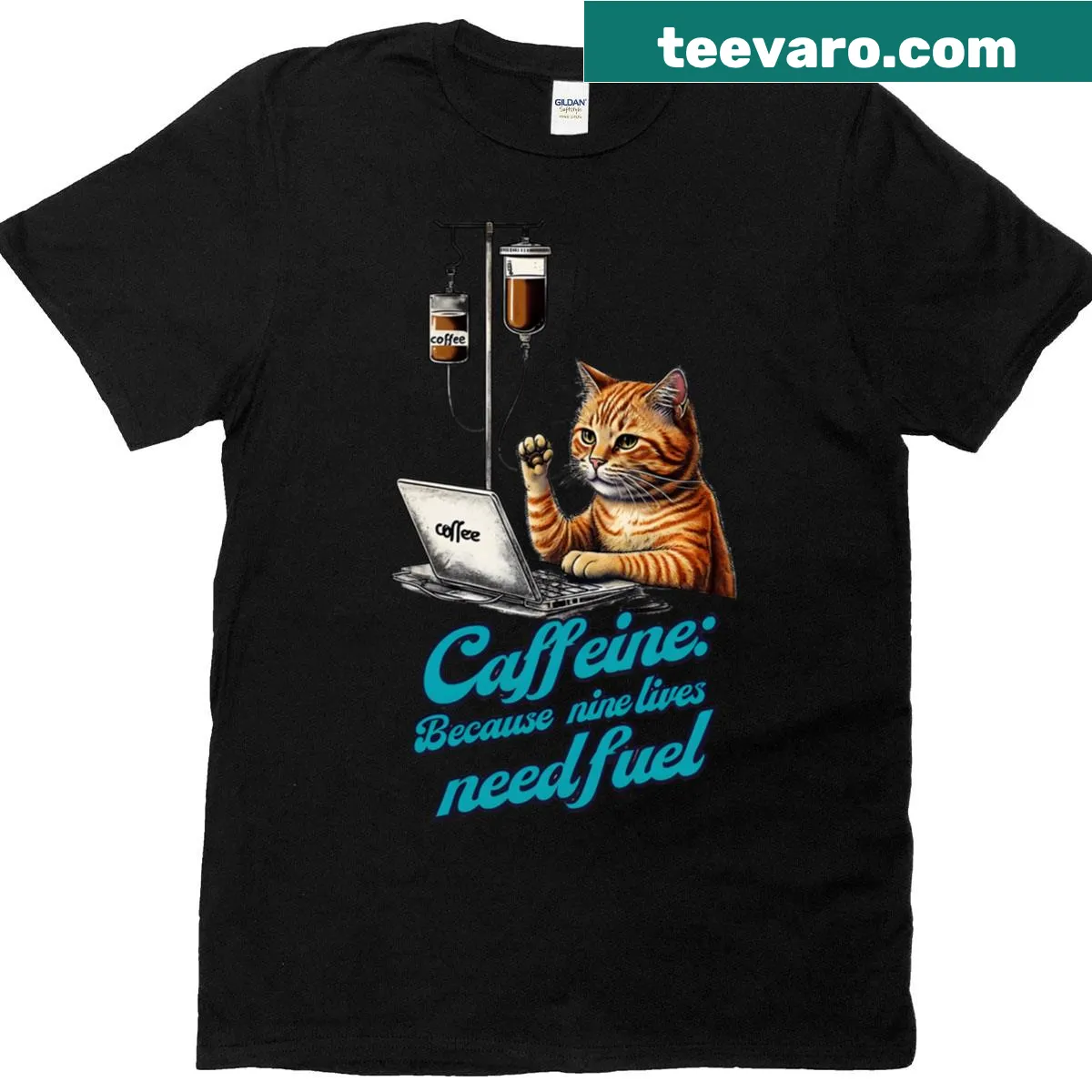 Witty graphic combining caffeine and cat humor on a T-shirt — on a men's t-shirt
