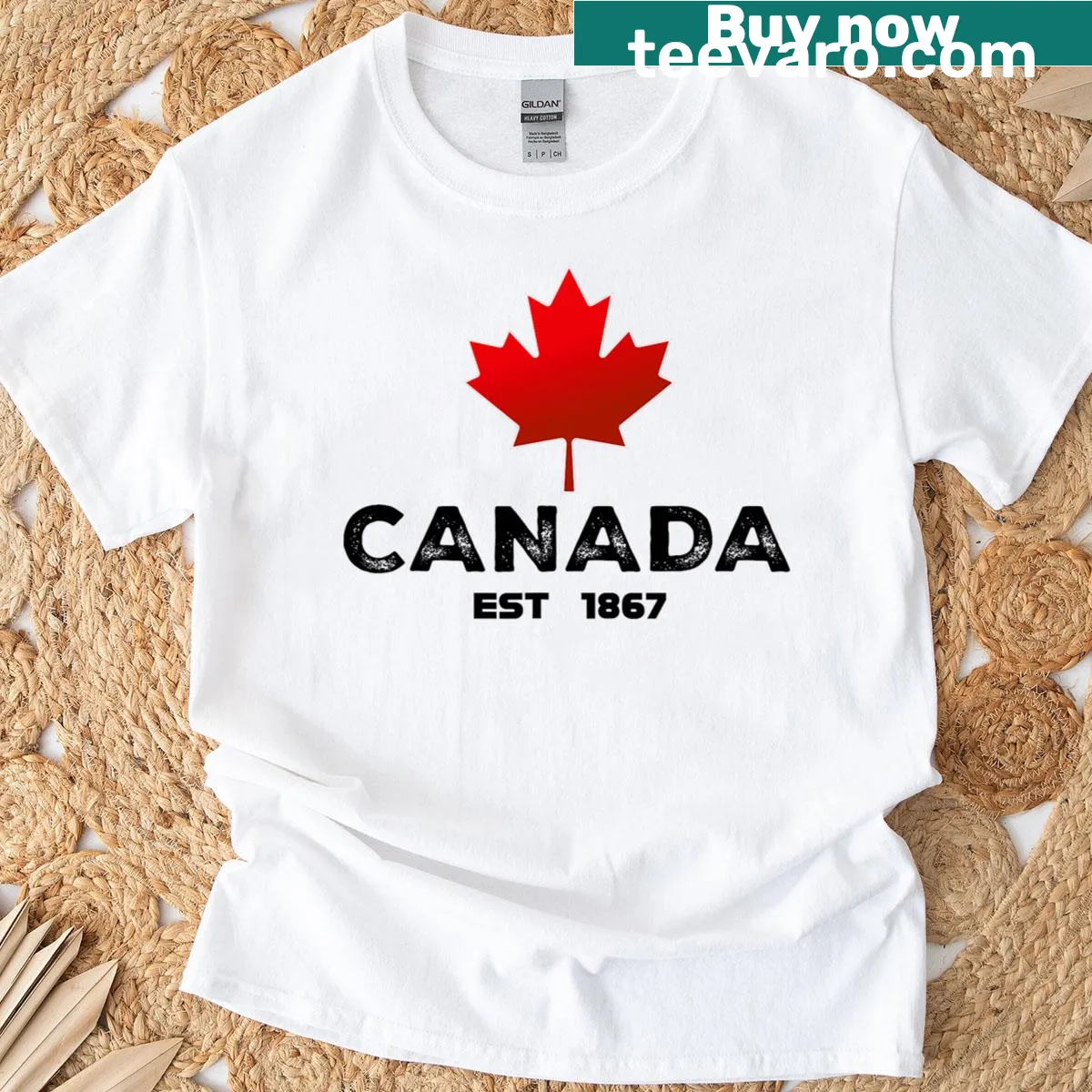 Vintage Canadian T-shirt with maple leaf and year 'Est 1867' — on a men's t-shirt