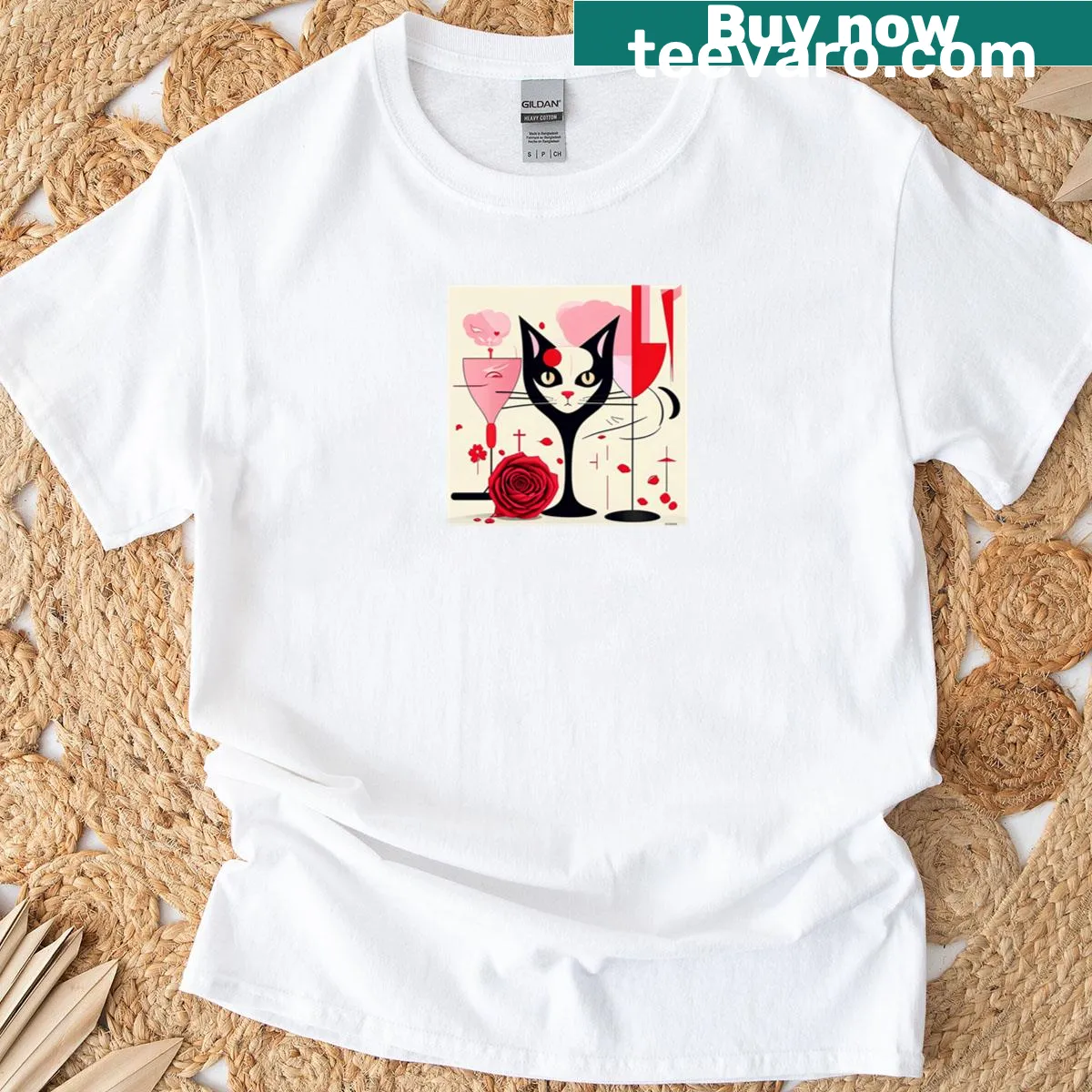 Illustration of a cat angel surrounded by roses on a T-shirt — on a men's t-shirt