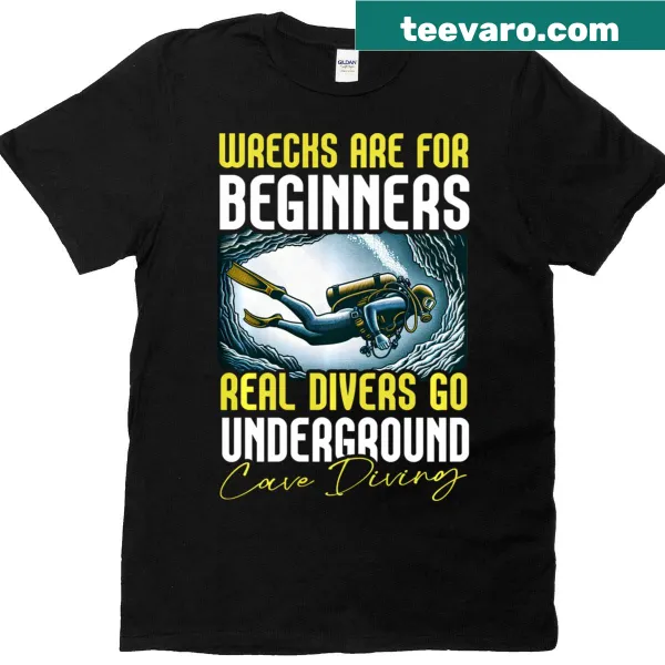 Graphic of divers exploring a cave underwater on a T-shirt