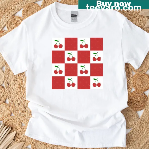Retro checkerboard pattern T-shirt featuring cherries