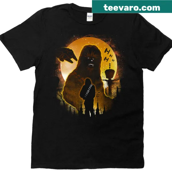 Illustration of Chewbacca under a starry night on a T-shirt