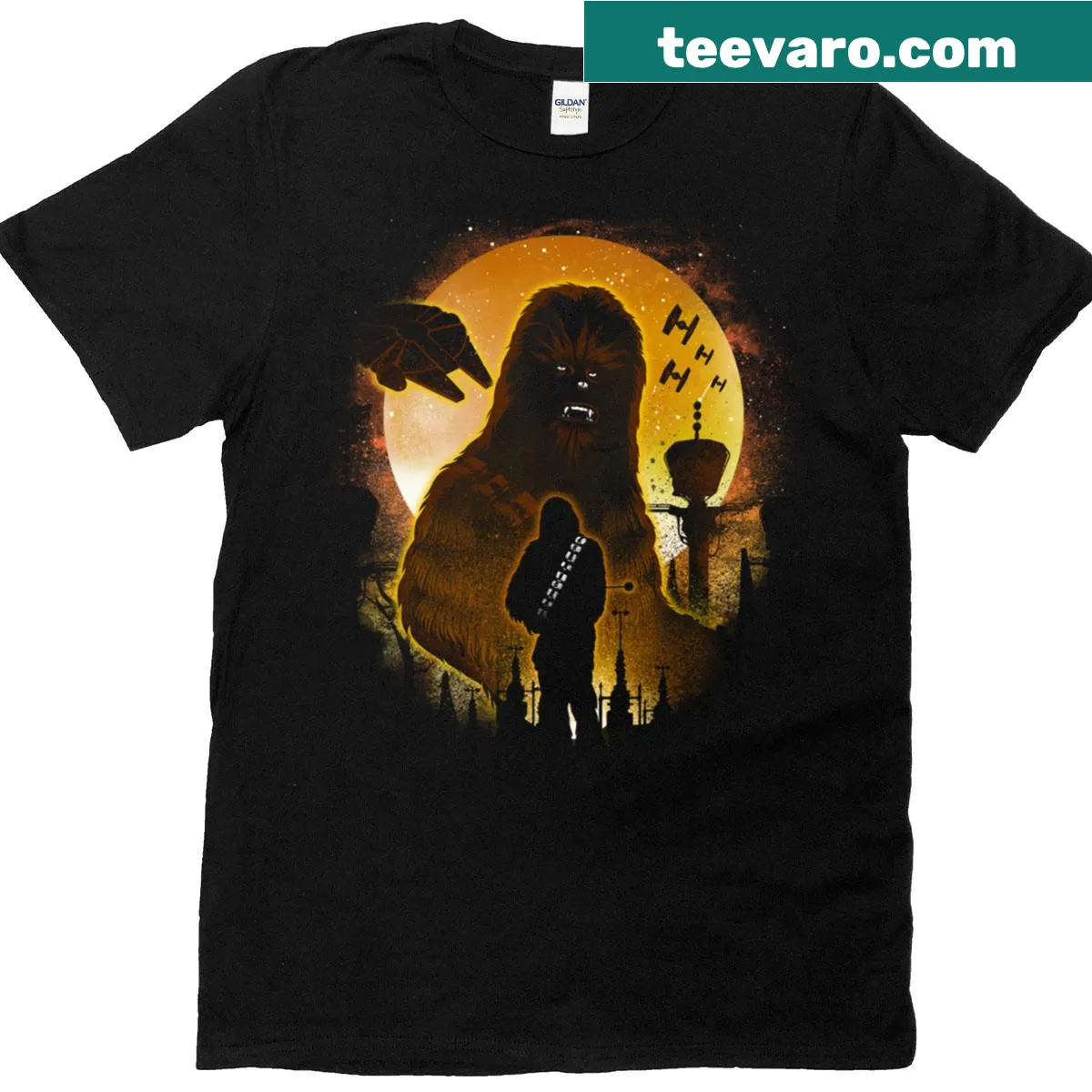 Illustration of Chewbacca under a starry night on a T-shirt — on a men's t-shirt