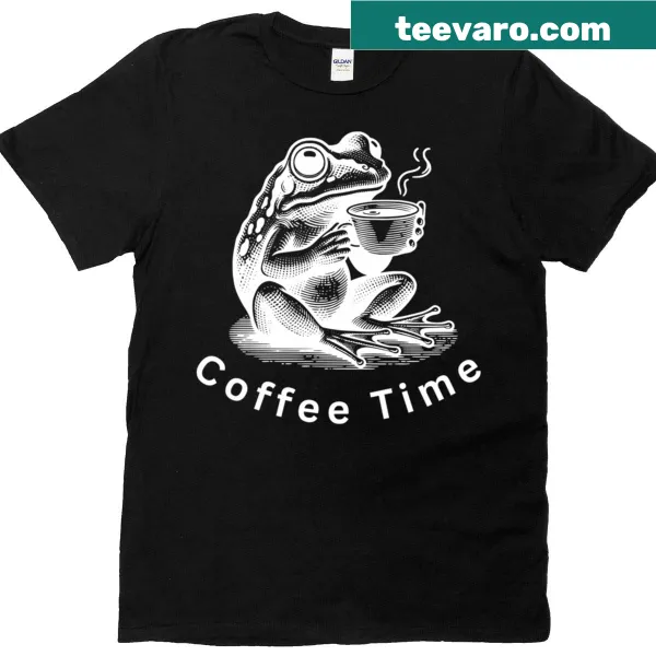 Cute cartoon frog enjoying coffee on a T-shirt