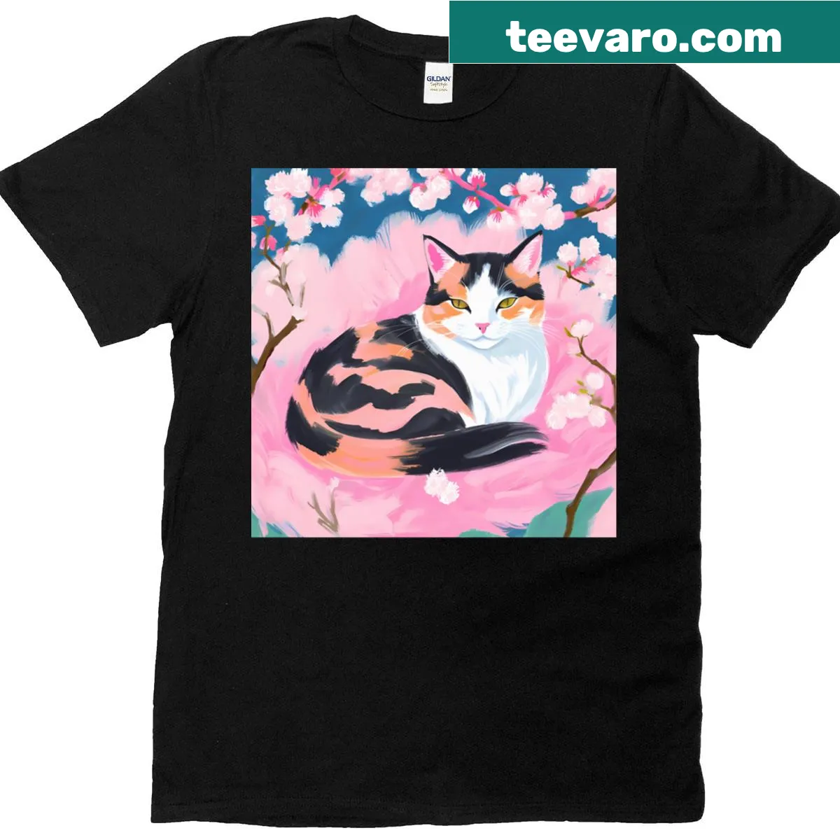 T-shirt featuring a cute tuxedo cat illustration — on a men's t-shirt
