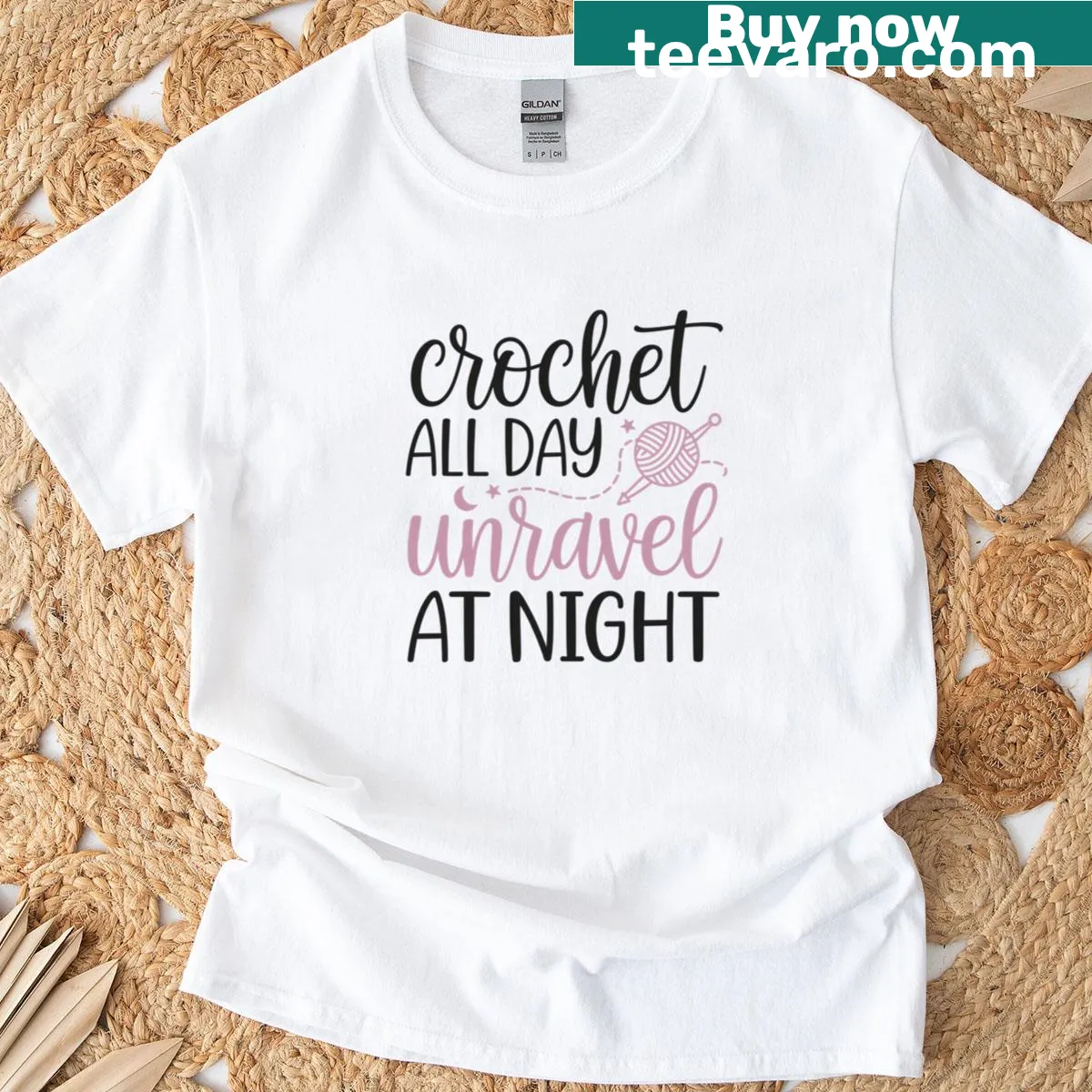 Hand-lettered design on Crochet All Day Unravel At Night T-shirt — on a men's t-shirt