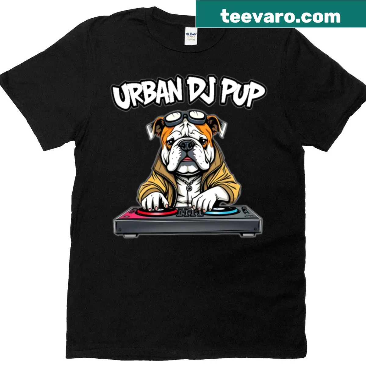 Cartoon DJ pup t-shirt with a playful dog design — on a men's t-shirt