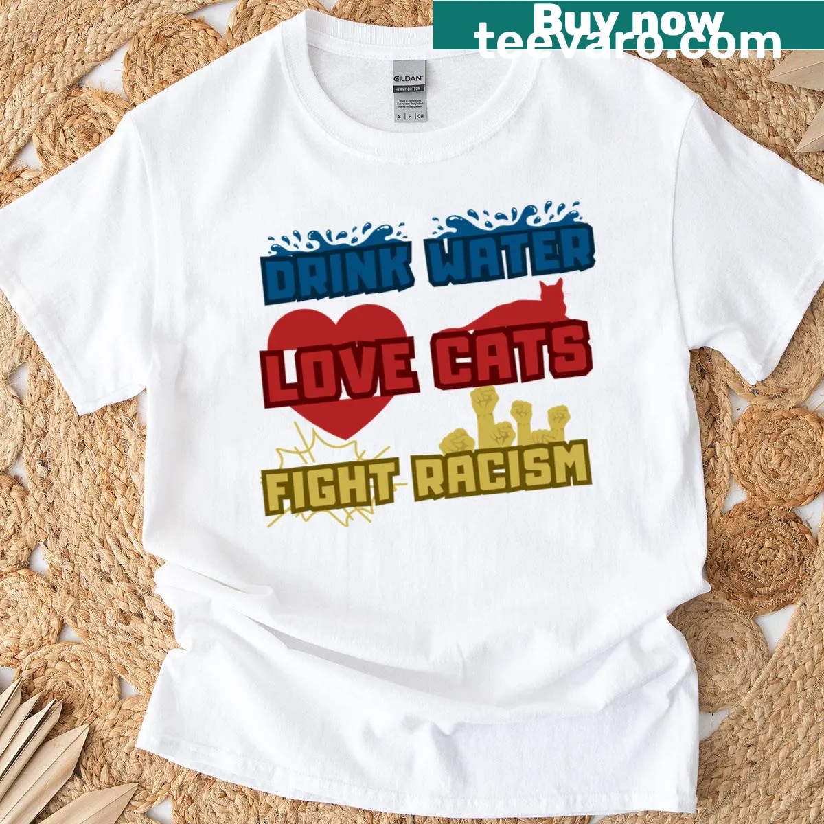 Minimalist design t-shirt with the text Drink Water Love Cats Fight Racism — on a men's t-shirt
