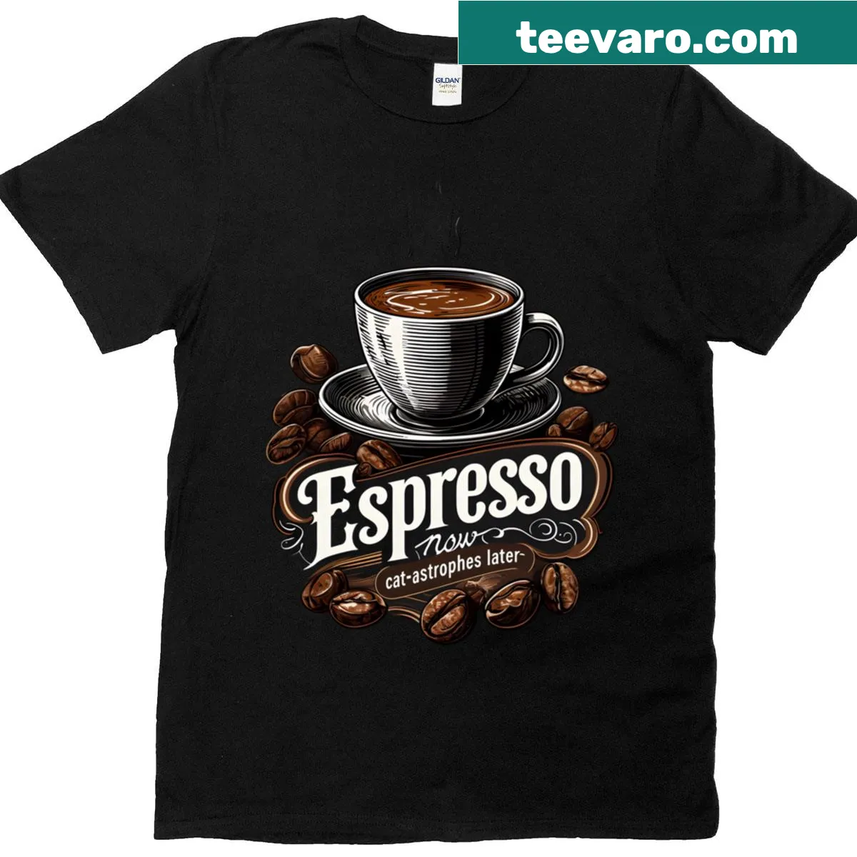 Funny coffee and cat t-shirt with Espresso Now Cat Astrophes Later text — on a men's t-shirt