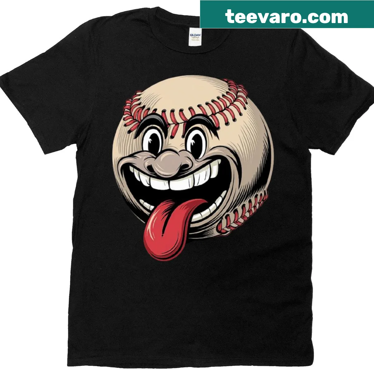Cartoon baseball character smiling with tongue out on T-shirt — on a men's t-shirt